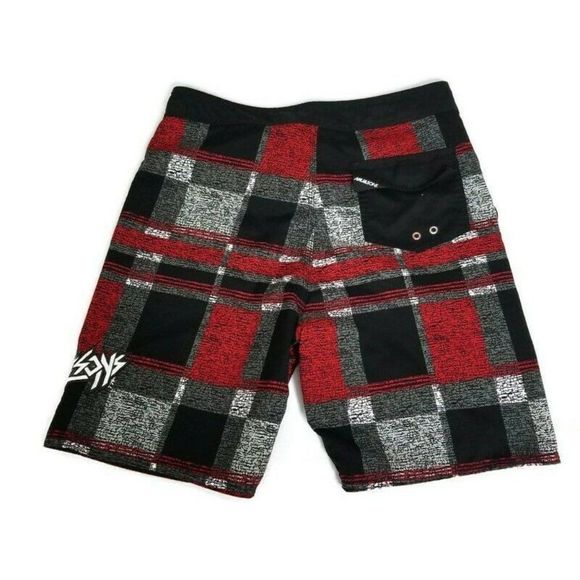 Maui and Sons Mens 34 Red Black Grey Plaid Boardshorts Surf Wake Swim Beach - Picture 3 of 5